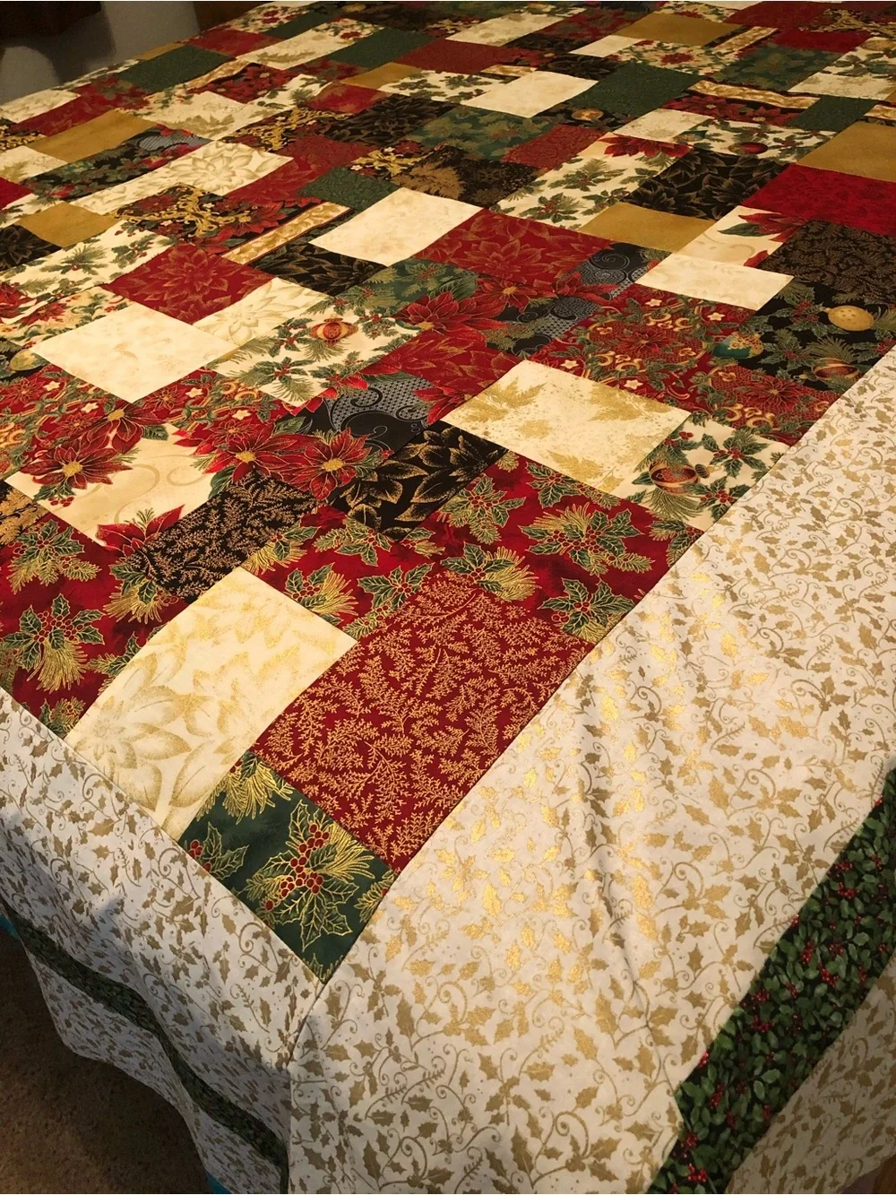 ONE OF A KIND— HANDCRAFTED Christmas Quilt in Red, Green, Gold, Cream